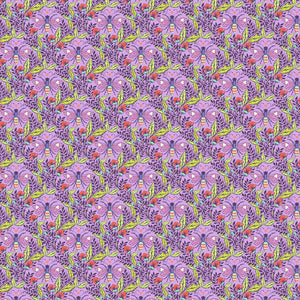 Tula Pink Full Moon Forest II Freespirit cotton quilt bag garment fabric dark lavender background lime green leaves tone on tone bee with dark purple and aqua butt striped with orange set in grid lines small