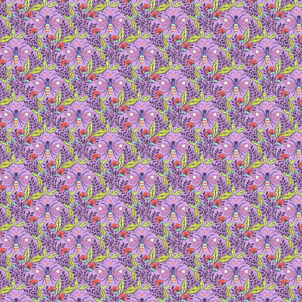 Tula Pink Full Moon Forest II Freespirit cotton quilt bag garment fabric dark lavender background lime green leaves tone on tone bee with dark purple and aqua butt striped with orange set in grid lines small