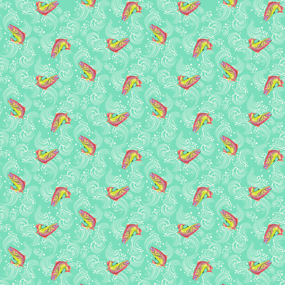 Tula Pink Full Moon Forest II Freespirit cotton quilt bag garment fabric enchanted green hint of aqua background white wave swirls sofishticated rainbow trout pink yellow leaping in fortune cookie shapes 