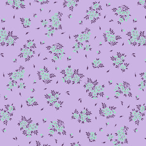 Tula Pink Full Moon Forest II Freespirit cotton quilt bag garment fabric What a Ditz True Colors medium lavender background violently neon aquay greenish flowers with pink middles and dark purple leaves in bouquets with random leaves falling down between and looking like a bovine sneezed out breakfast
