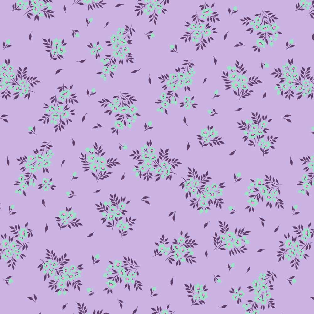 Tula Pink Full Moon Forest II Freespirit cotton quilt bag garment fabric What a Ditz True Colors medium lavender background violently neon aquay greenish flowers with pink middles and dark purple leaves in bouquets with random leaves falling down between and looking like a bovine sneezed out breakfast