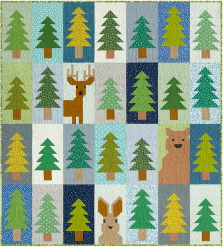 Lookout Quilt kit by Elizabeth Hartman for Robert Kaufman fabrics forest trees in shades of green on gray cream white and blue background deer buck antlers bear bunny cotton quilt fabric 