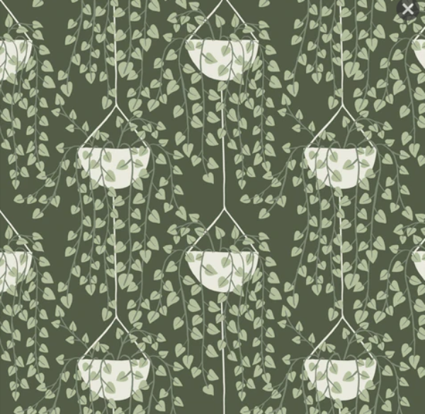 Cloud 9 organic fabric overflow planted hanging plant Pothos dark green background sage green leaves cotton quilting garments bags 