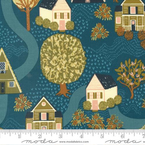 Quaint Cottage Main Print in Lake Blue trees and cottages bushes on path houses colonial gingerbread cream green teal quilt weight cotton quilting bags garments
