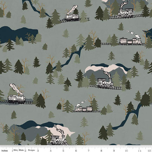 Round the Mountain Main Pine train going through mountains with snow and lakes trees on sage green Riley Blake Designs outdoorsy by Casey Cometti Quilt weight quality cotton fabric