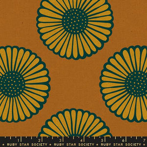 Unruly Nature Canvas in Saddle by Ruby Star Society large plate sized  gold sunflowers on a orangey brown background high quality cotton canvas for bags, shorts, aprons, garments and other sewing projects