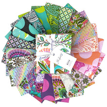 Load image into Gallery viewer, Pre-Order Roar by Tula Pink Fat Quarter Bundle Freespirit fabrics cotton quilt weight dinosaurs pterodactyls bright colors lime green purple hot pink orange gray large polka dots geometrics 
