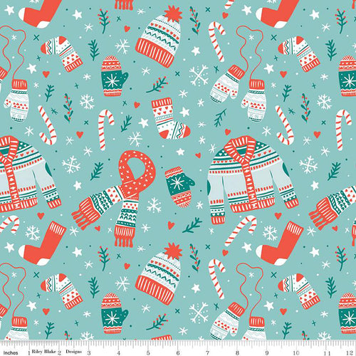 Riley Blake Designs cotton fabric Ski Hill by Corinne Wells aqua background sweaters mittens scarves candy canes in teal and red white snowflakes winter Christmas holiday cotton fabric quilting cabin