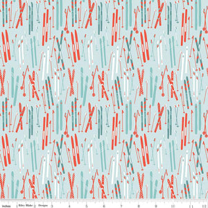 Riley Blake Designs cotton fabric Ski Hill by Corinne Wells powder aqua background red teal white skis and poles winter Christmas holiday cotton fabric quilting cabin