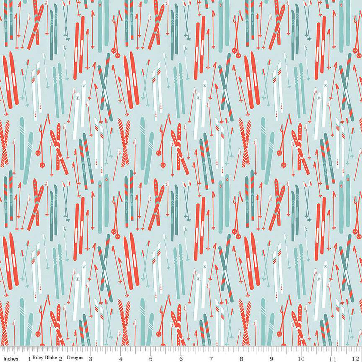 Riley Blake Designs cotton fabric Ski Hill by Corinne Wells powder aqua background red teal white skis and poles winter Christmas holiday cotton fabric quilting cabin