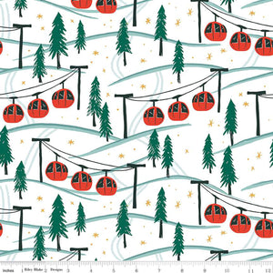 Riley Blake Designs cotton fabric Ski Hill by Corinne Wells white background  in white teal trees on mountainsideand red trams white snowflakes winter Christmas holiday cotton fabric quilting cabin