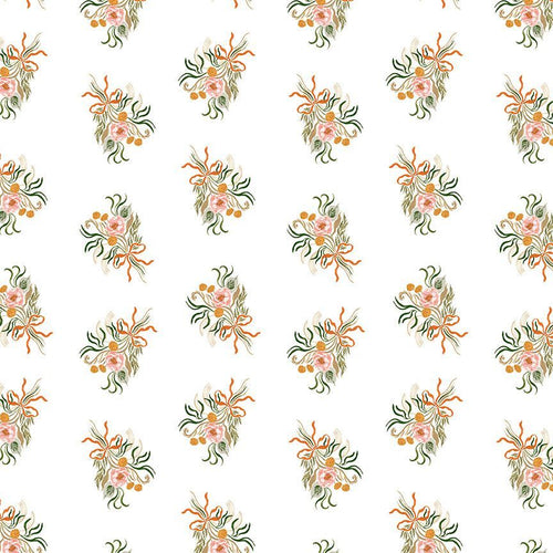 Rae Ritchie Dear Stella Designs Fabrics Swan Song cotton quilt bag garment fabric tossed small flower bouquets on white background gold button flowers green foliage tied with rust orange ribbon