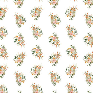Rae Ritchie Dear Stella Designs Fabrics Swan Song cotton quilt bag garment fabric tossed small flower bouquets on white background gold button flowers green foliage tied with rust orange ribbon