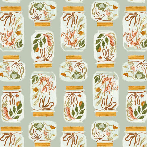 Rae Ritchie Dear Stella Designs Fabrics Swan Song cotton quilt bag garment fabric gray green background frogs grasshoppers caterpillars flowers and bugs in jars with gold lids