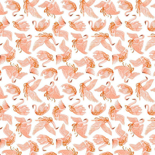 Rae Ritchie Dear Stella Designs Fabrics Swan Song cotton quilt bag garment fabric pink SWANS CYGNETS densely clusted on white background rusty orange bow tied on neck