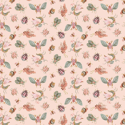 Rae Ritchie Dear Stella Designs Fabrics Swan Song cotton quilt bag garment fabric pale salmon pink background with soft pastel colored bugs in sage green pale blue medium pink caterpillar moth fly ladybug beetle snail winged creatures GRASSHOPPER