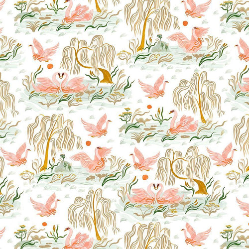Rae Ritchie Dear Stella Designs Fabrics Swan Song cotton quilt bag garment fabric white background weeping willow pink cygnet swan on pond pink sage green golden brown