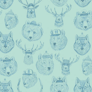 Dear Stella cotton quilt fabric Terrain of Thought Plume aqua green background deer with antlers and beers wearing beanies baseball hats 