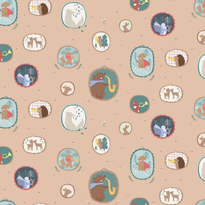 Dear Stella Forest Melody Wall of Frame in Praline Pecan background beige various sized animals in frames playing musical instrumentsbear with scarf deer mouse fox bluebird quilt cotton winter theme