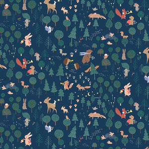 Dear Stella Forest Melody Meet Me at the Jamboree royal blue background various sized animals playing musical instruments in the forest bear with scarf deer mouse fox bluebird quilt cotton winter theme