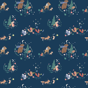 Dear Stella Forest Melody Nothing But Treble royal blue navy background bear bunny fox bird playing instrument music in forest firefly lamp moon stars winter theme  cotton quilting fabric bags quilts garments