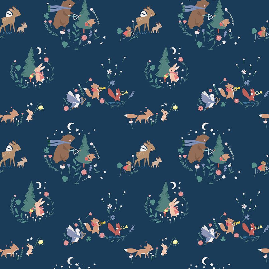 Dear Stella Forest Melody Nothing But Treble royal blue navy background bear bunny fox bird playing instrument music in forest firefly lamp moon stars winter theme  cotton quilting fabric bags quilts garments