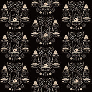 Dear Stella Designs Haunted Adventure Spooky Toile skull in terrarium surrounded by mushrooms snakes potion bottle cotton quilt weight fabric black and cream 
