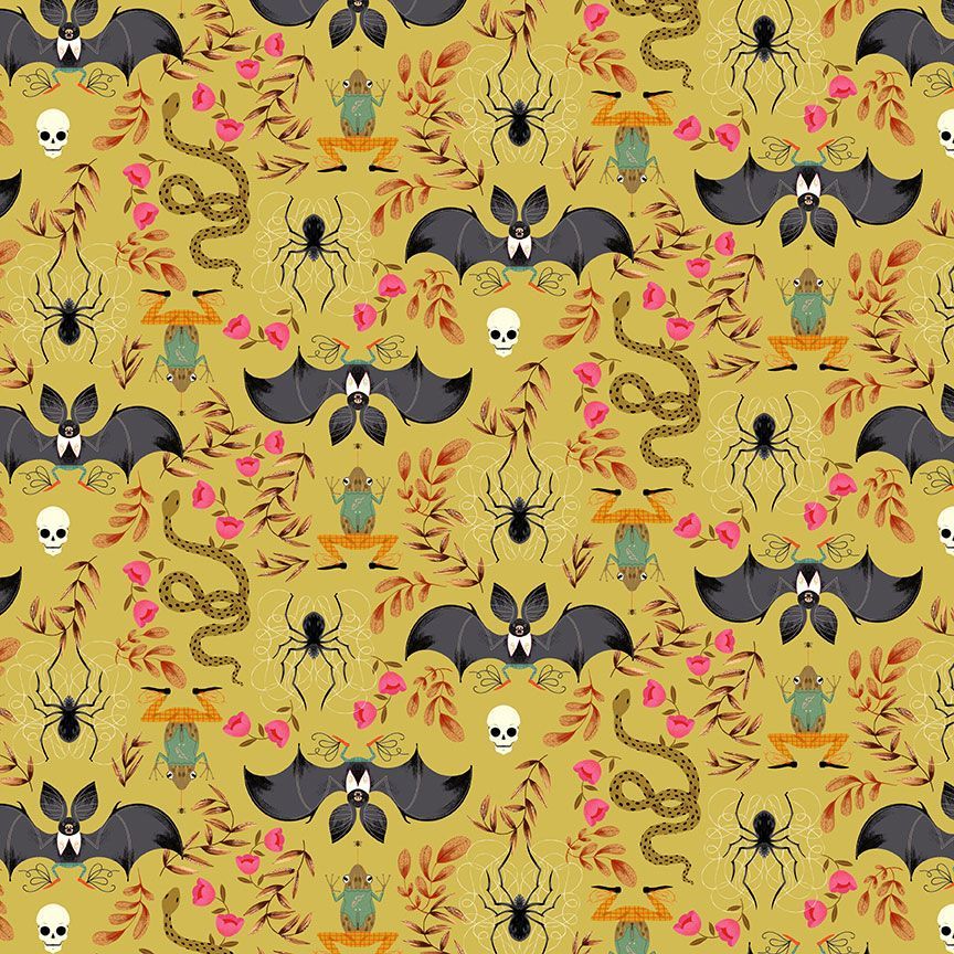 Dear Stella Designs Haunted Adventure Batty in Hemp Dracula bats snakes frogs spiders webs flowers tossed non-directional on golden mustard yellow backgroundcotton quilt weight fabric 