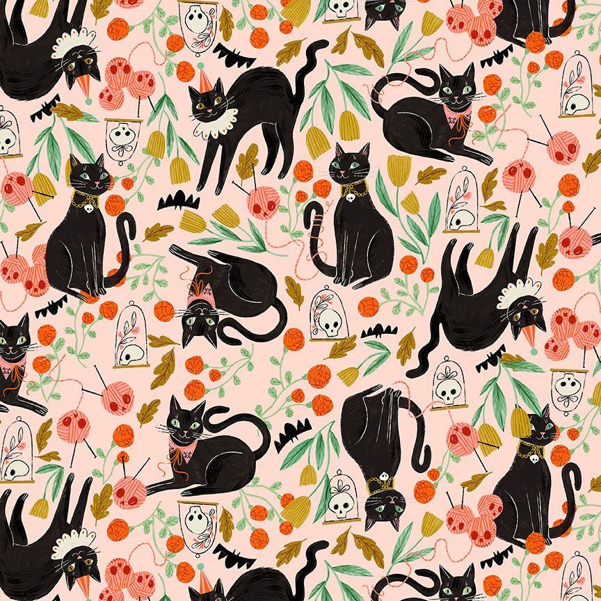 Dear Stella Halloween cotton quilt weight fabric cream puff background black cats with collars and jewelry tossed print skeleton yarn balls and knitting needles pink red orange poison green 