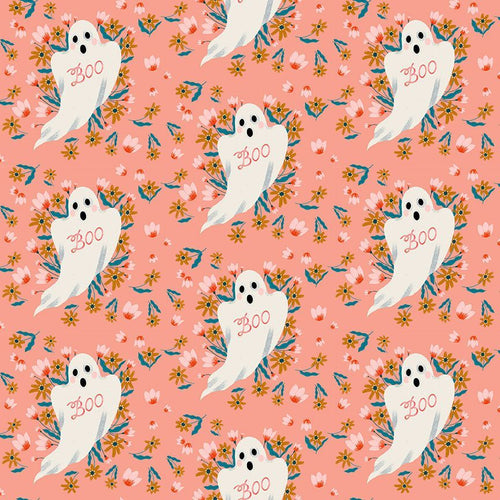 Dear Stella Halloween cotton quilt weight fabric cream ghosts with Boo across chest on coral pink background with teal leaves and goldenrod and pink flowersbackground