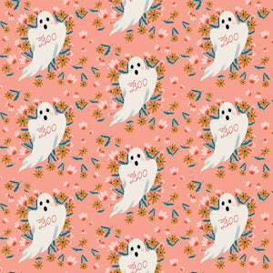Dear Stella Halloween cotton quilt weight fabric cream ghosts with Boo across chest on coral pink background with teal leaves and goldenrod and pink flowersbackground