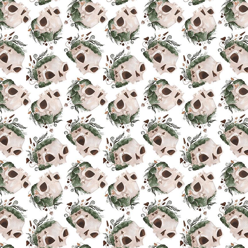Goblincore Mossy Skulls in White by Rae Ritchie for Dear Stella
