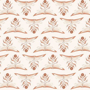 Dear Stella Bookish Rae Ritchie cotton quilt fabric Check Me Out reading  library books cream background open books with single flower brown gold 