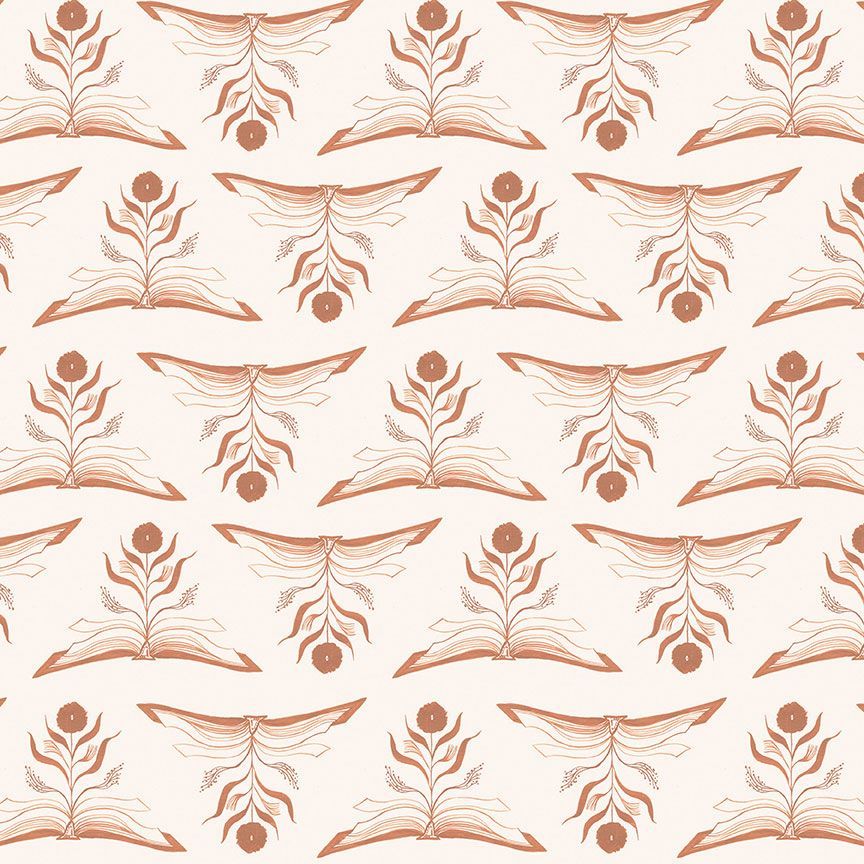 Dear Stella Bookish Rae Ritchie cotton quilt fabric Check Me Out reading  library books cream background open books with single flower brown gold 