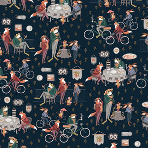 Dear Stella Dapper Den navy background frog fox rabbit mouse riding bikes tea party Rae Ritchie quilt cotton 