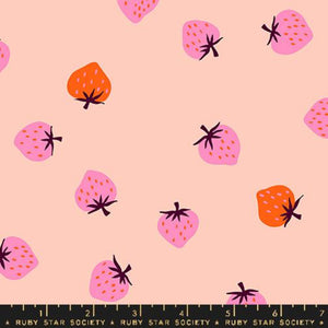 Ruby Star Society Kimberly Kight Moda fabrics cotton quilt garment bag strawberry pale peach background with tossed pink and orange strawberries retro kitsch