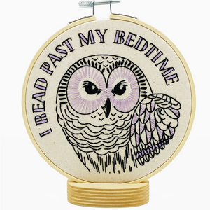 Hook Line and Tinker Owl I Read Past my Bedtime  embroidery kit  lavender black pastel two tone hoop and thread included