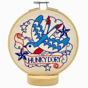 Hook Line and Tinker Bluebird Hunky Dory  embroidery kit  red blue aqua turquoise navy hoop and thread included