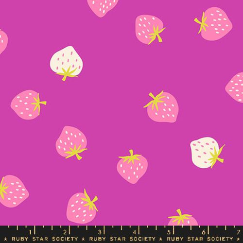 Ruby Star Society Kimberly Kight Moda fabrics cotton quilt garment bag strawberry berry pink bright violet with tossed rose pink and white strawberries 