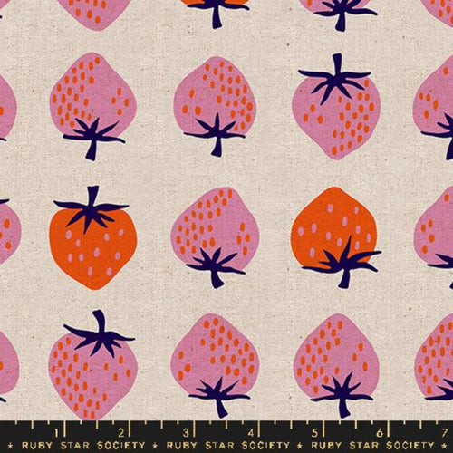 Ruby Star Society Strawberry by Kimberly Kight Moda fabrics cotton quilt bag  garment canvas pink and orangy red strawberries in rows medium sized linear