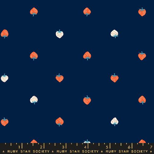 Strawberry Kimberly Kight Ruby Star Society cotton quilt garment fabric lawn voile navy blue background small tossed red and white strawberries non-directional