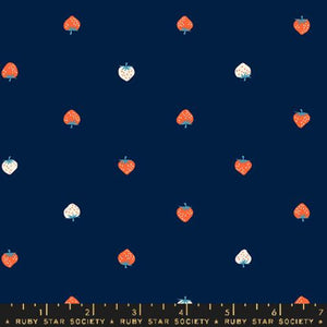 Strawberry Kimberly Kight Ruby Star Society cotton quilt garment fabric lawn voile navy blue background small tossed red and white strawberries non-directional