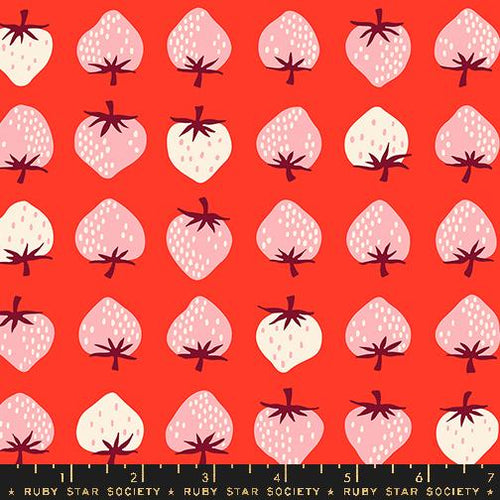 Ruby Star Society Kimberly Kight Moda fabrics cotton quilt garment bag strawberry lollipop red background pink and white strawberries in rows kitchen hot pads