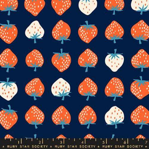 Ruby Star Society Kimberly Kight Moda fabrics cotton quilt garment bag strawberry navy blue background red and white strawberries in rows blue caps kitchen