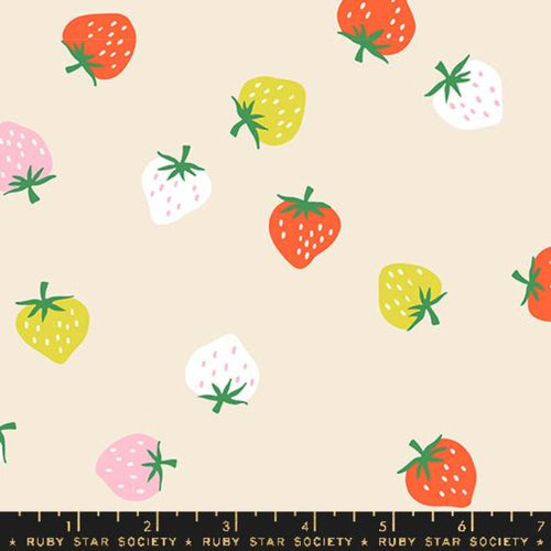 Ruby Star Society Kimberly Kight Moda fabrics cotton quilt garment bag strawberry natural shell background tossed citron orangy red white and pink strawberries kitsch retro kitcheny