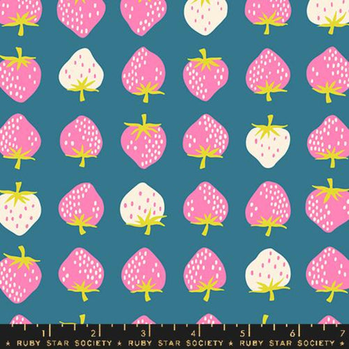 Ruby Star Society Kimberly Kight Moda fabrics cotton quilt garment bag strawberry deep aqua blue background pink and white strawberries in rows kitchen farm hotpads 