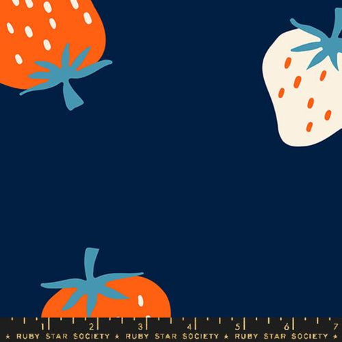 Ruby Star Society Kimberly Kight for Moda Strawberry cotton quilt fabric 108 wideback navy blue background large orangy red and white strawberries tossed tossed 