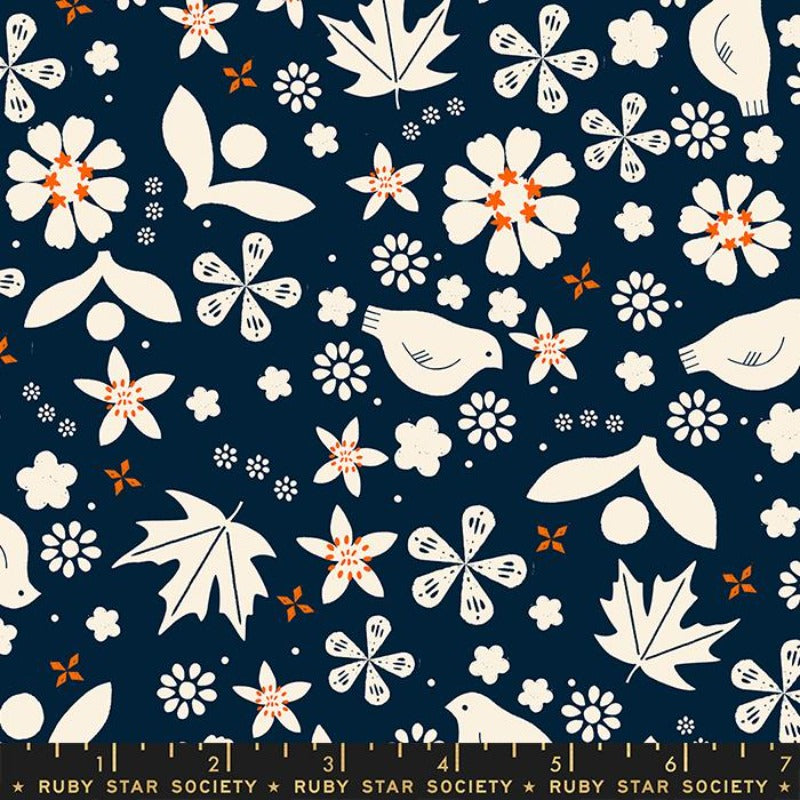 Ruby Star Society Sugar Maple by Alexia Abegg retro kitchen vintage patchwork navy blue background white leaves birds flowers with orange accents quilt weight cotton