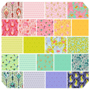 Besties fat quarter bundle by Tula Pink for Free Spirit Fabrics bright pairs of animals including goldfish rabbits bunnies hamsters cats dogs in gold yellow lime green aqua purple pink magenta cotton quilt weight fabric