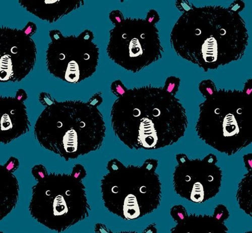 Teddy and the Bears Sarah Watts Ruby Star Society Moda dark teal background teddy bear heads in black with magenta and mint green ears cute quizzical faces quilting cotton fabric garments bags quilts